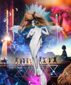 Vibrant collage of empowered winged women standing in her power.