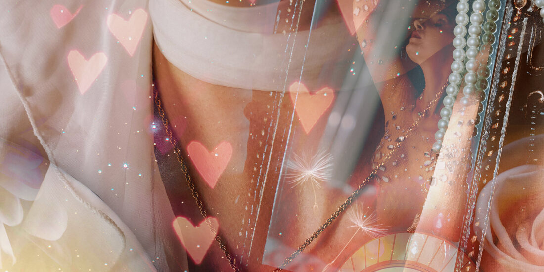 Planet Venus sitting in front of a close up of a mouth and neck, with a spiral of love into her chest, a reflection of passion and bright stars in the night sky.