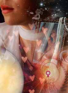 Planet Venus sitting in front of a close up of a mouth and neck, with a spiral of love into her chest, a reflection of passion and bright stars in the night sky.