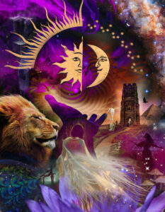 Women standing at a portal to the otherworlds with a lion at her side and the Sun and Moon above them.