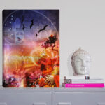 Unity Print on a sidetable with books and a buddha head statue