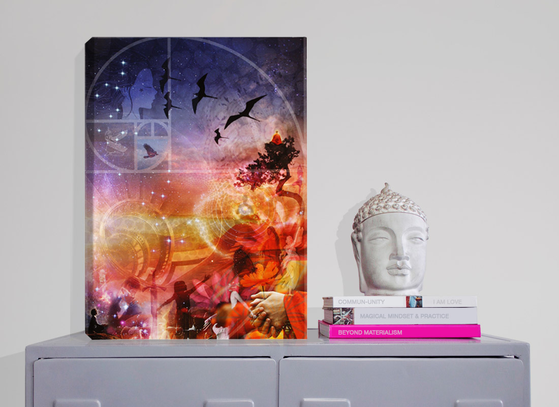 Unity Print on a sidetable with books and a buddha head statue
